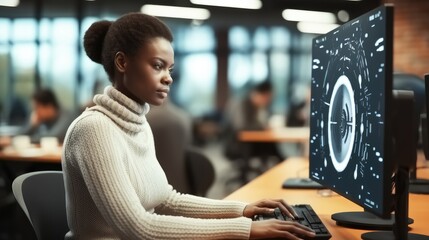 Poster - Black woman Tech engineer creating machine learning software to be used as an autonomous virtual entity, Programming script in cyberspace.