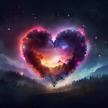 Big Cosmic Heart In The Shape Of A Tree At Night
