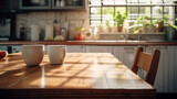 Fototapeta Na drzwi - Wooden table background in domestic kitchen with cups of coffee with shadows and sunny warm morning time. Copy space for your composition