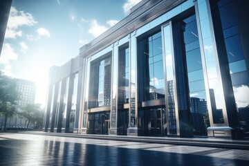 Poster - A photograph of a large, contemporary office building with numerous windows. This image can be used to represent modern architecture or the corporate world.