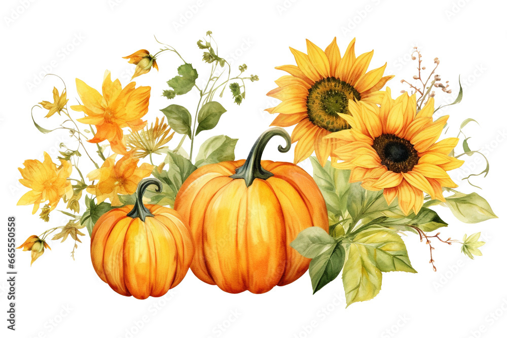 Pumpkin and Sunflower Watercolor Clip Art Illustrations, Isolated on ...