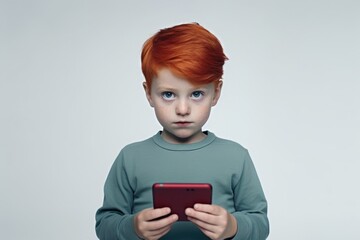 Poster - A young boy with red hair holding a tablet computer. Perfect for illustrating technology use and education.