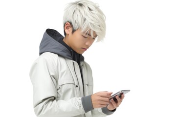 Poster - A man wearing a white jacket is seen looking at his cell phone. This image can be used to depict technology, communication, or modern lifestyle.