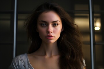 Poster - A woman with long brown hair standing in front of a window. This image can be used to depict concepts such as contemplation, solitude, or daydreaming