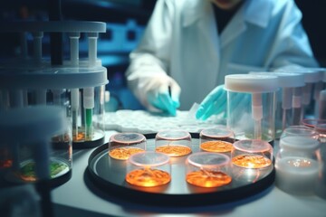 Wall Mural - A person in a lab coat and gloves is working in a laboratory. This image can be used to illustrate scientific research, experimentation, or medical discoveries