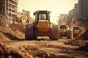 Poster - A bulldozer parked in the dirt. This image can be used to depict construction, heavy machinery, or earth-moving equipment