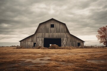 Canvas Print - A picture of a barn with hay in a field, captured under a cloudy sky. Perfect for agricultural or rural-themed projects