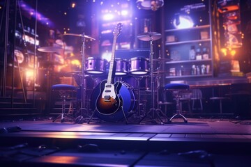 Poster - A musical instrument is placed on a stage in a dimly lit room. This image can be used to represent a performance or concert setting