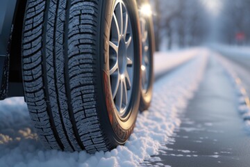 Aufkleber - A close up view of a tire on a snowy road. This image can be used to depict winter driving conditions or to illustrate the need for proper snow tires