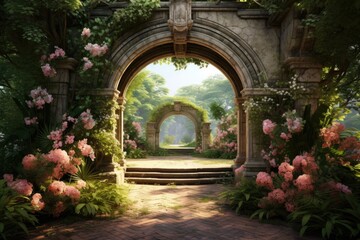 Poster - A picturesque garden filled with vibrant flowers and featuring a beautiful stone arch. This image can be used to enhance any project with a touch of natural beauty and tranquility.