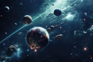 Poster - A group of planets in the sky with a shining star in the background. This image can be used to depict a celestial scene or to represent the vastness and beauty of the universe.