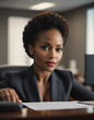 © Roman - black woman entrepreneur sitting in the office at her desc in a business suit working illustration.