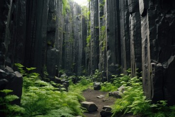 Poster - A picturesque view of a dense forest filled with tall trees. This image can be used to depict the beauty of nature, peacefulness, or as a background for various projects.