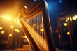 A close up view of a harp on a stage. This image can be used to enhance music-related articles or as a background for concert promotions