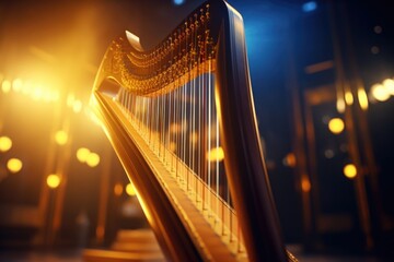 Poster - A close up view of a harp on a stage. This image can be used to enhance music-related articles or as a background for concert promotions