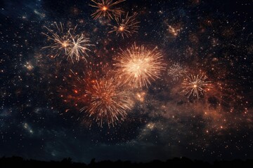 Poster - A vibrant display of fireworks illuminating the night sky. Perfect for adding excitement and celebration to any project or event