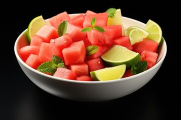 Poster - A vibrant bowl filled with juicy watermelon chunks, zesty lime slices, and fresh mint leaves. Perfect for a summer picnic or a refreshing snack.