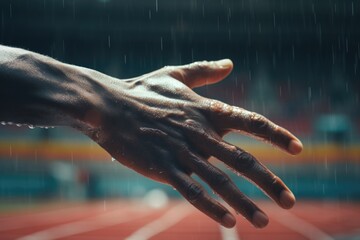 Aufkleber - A close up of a person's hand on a track. This image can be used to depict concepts such as determination, focus, perseverance, or the idea of moving forward.