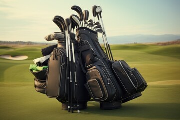 Aufkleber - A group of golf clubs sitting on top of a green field. This image can be used to depict a golf course, sports equipment, or recreational activities.