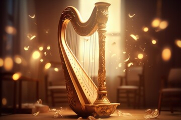 Poster - A golden harp placed on a sturdy wooden table. Perfect for music-related designs or illustrations.