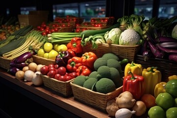 Poster - A vibrant assortment of fresh fruits and vegetables showcased in a store. Ideal for illustrating healthy eating, grocery shopping, and farm-to-table concepts.