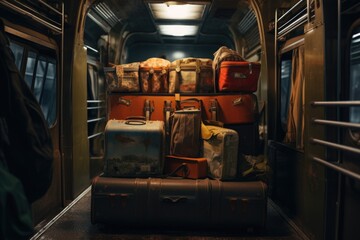 Poster - A bunch of luggage sitting in the back of a train. This image can be used to illustrate travel, transportation, or a journey