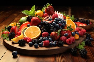 Wall Mural - A pile of various fruits sitting on top of a wooden table. This image can be used to depict a healthy lifestyle, nutrition, or a farm-to-table concept