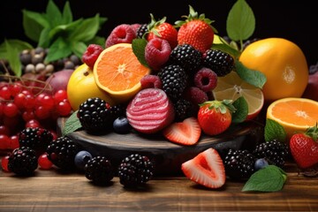 Wall Mural - A pile of fruit sitting on top of a wooden table. Suitable for food and nutrition-related projects