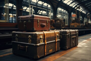 Poster - A bunch of luggage sitting on top of a train platform. Suitable for travel and transportation themes
