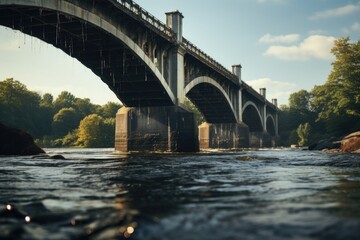Poster - A picturesque bridge spanning a tranquil body of water, surrounded by lush green trees. Perfect for nature lovers and those seeking a peaceful scene