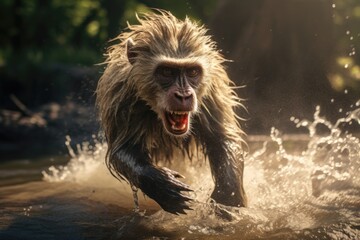 Poster - A picture capturing the moment a monkey is running through a body of water. This image can be used to depict wildlife in action or as a symbol of freedom and agility
