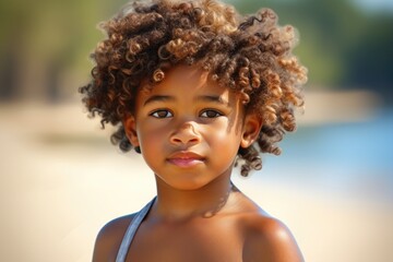 Wall Mural - A picture of a little girl with curly hair enjoying her time on the beach. Perfect for family, summer, and vacation themes.