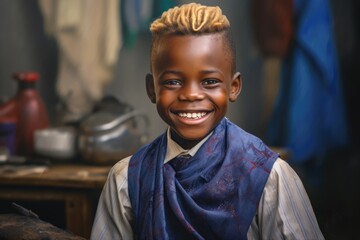 Poster - A young boy with blonde hair wearing a blue scarf. Suitable for various uses.