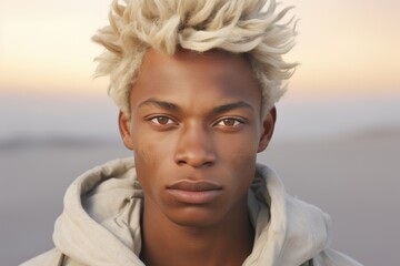 Aufkleber - A young man with blonde hair is seen wearing a hoodie. This image can be used to depict a casual and stylish look for a variety of purposes.