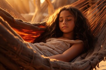 Aufkleber - A peaceful image of a little girl sleeping in a hammock. Perfect for relaxation or summer-themed designs.