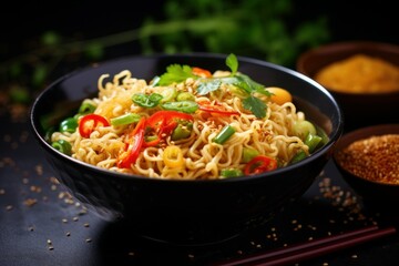 Tasty instant noodles with vegetables in big bowl. Asia cuisine hot meal. Generate Ai