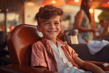 Poster - A young boy is depicted sitting in a brown chair. 