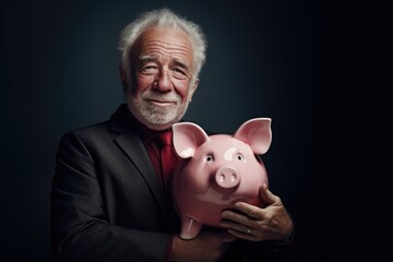 Wall Mural - A professional businessman in a suit holding a piggy bank. This image can be used to represent financial savings, investments, or money management concepts