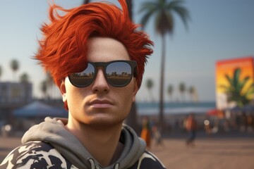 Aufkleber - A man with red hair wearing sunglasses and a hoodie. This versatile image can be used to portray a cool and trendy individual or to represent a mysterious and stylish character