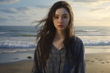 Poster - A woman standing on a beach next to the ocean. This picture can be used to depict a peaceful coastal scene