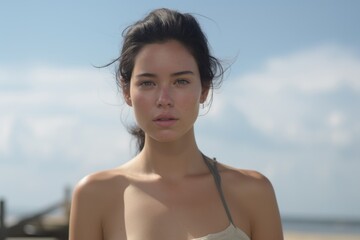 Poster - A beautiful young woman standing on top of a beach. Perfect for travel or vacation-related designs