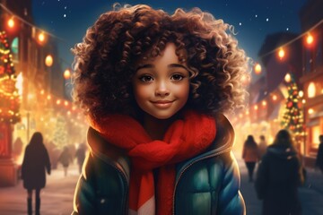 Wall Mural - Young Girl with Curly Hair Wearing Red Scarf