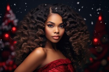 Poster - Woman in Red Dress with Long Curly Hair