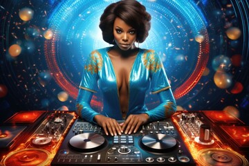 Aufkleber - Woman Playing DJ Set in Blue Dress