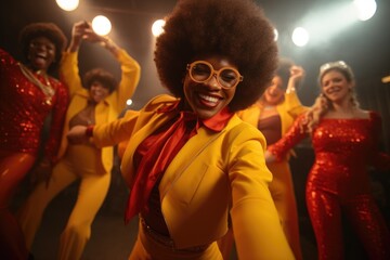 Poster - Woman Dancing in Yellow Suit and Glasses