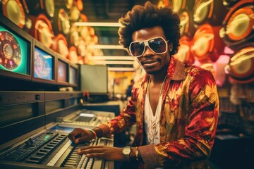 Aufkleber - Man Playing Keyboard in Recording Studio