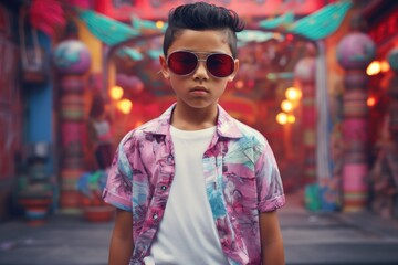 Aufkleber - Young Boy in Sunglasses Standing in Front of a Building