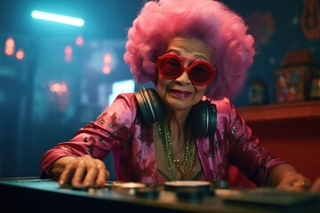 Fototapete - Woman with Pink Wig and Glasses Playing a Game