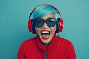 Wall Mural - Woman with Blue Hair Wearing Headphones and Red Jacket