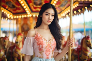 Poster - Woman Standing Next to Carousel